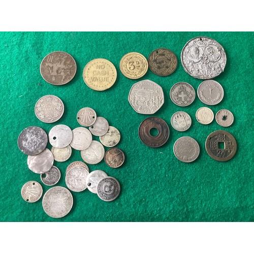 240 - Various coins comprising a tub of mainly foreign coins; badges, including a fire watcher; 18th and 1... 