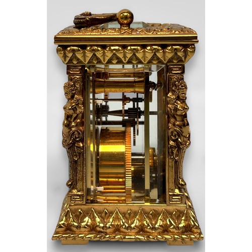 377 - An ornately decorated brass-cased carriage clock by Charles Frodsham & Co, London, cast caryatid pil... 