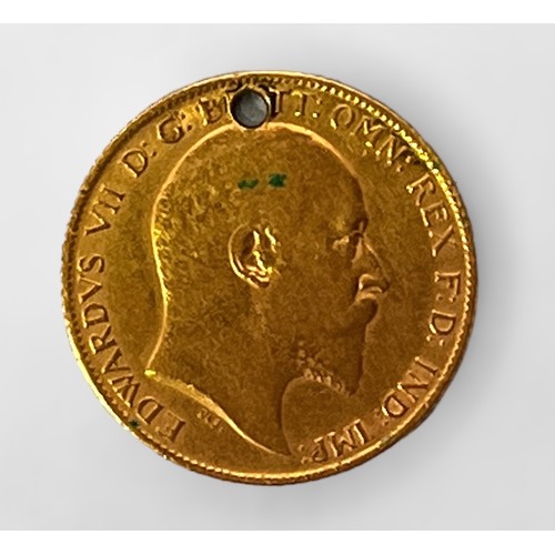 247 - An Edward VII 1909 22ct gold half-Sovereign, with pierced hole, gross weight approximately 3.9g