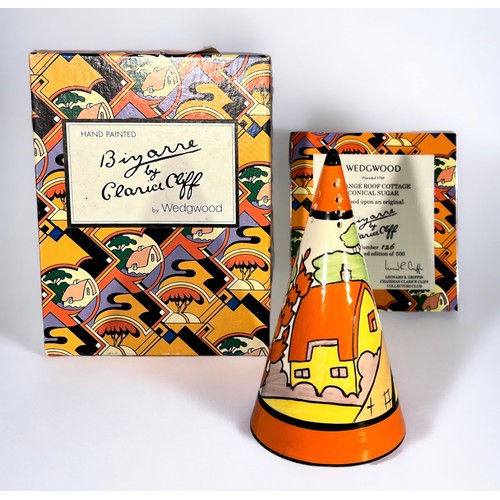 35 - A Wedgwood Clarice Cliff ‘Orange Roof Cottage’ Conical Sugar shaker from the Bizarre range, hand pai... 