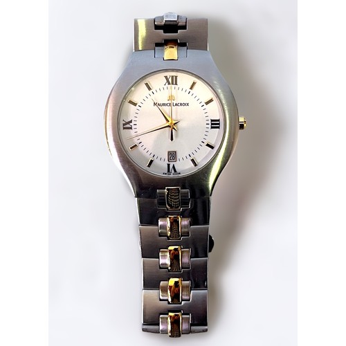 120 - A gents bi-colour stainless steel quartz Maurice Lacroix wristwatch, the white enamel dial with bato... 