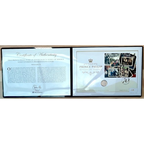 257 - A Westminster HRH Prince Philip 70 Years of Service Gold Sovereign Coin Cover, 2017, the coin with S... 