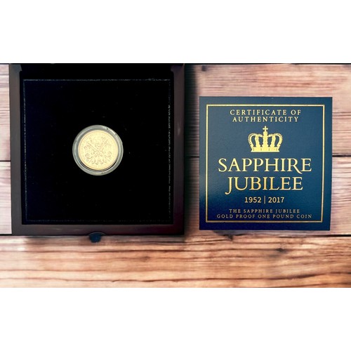 254 - A 2017 Sapphire Jubilee Guernsey Gold One Pound, 916/1000, proof finish, 7.98g, Obv Rank-Broadley po... 