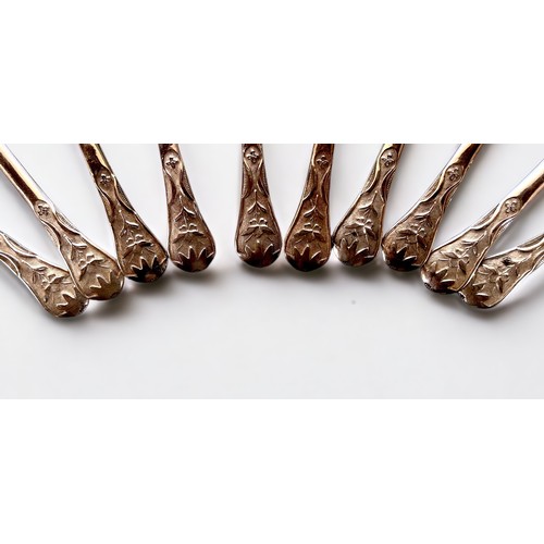 98 - A set of ten engraved Chinese white metal (tests as .800 or above) spoons, etched with stork and fol... 