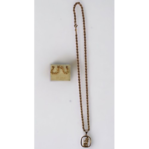 171 - A 9ct gold rope-twist chain with squared, open St Christopher pendant, together with a pair of 9ct g... 