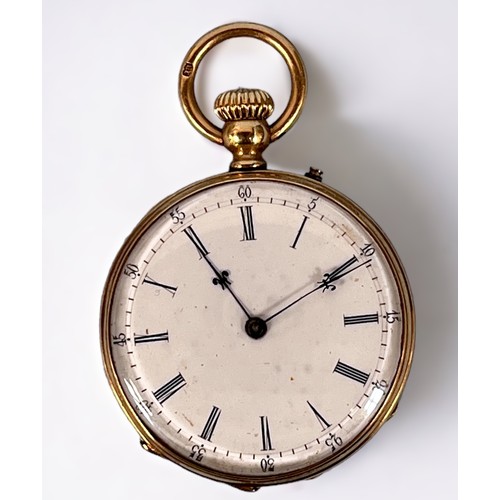 122 - A continental 18ct gold cased open-face fob watch, the white enamel dial with Roman numerals denotin... 