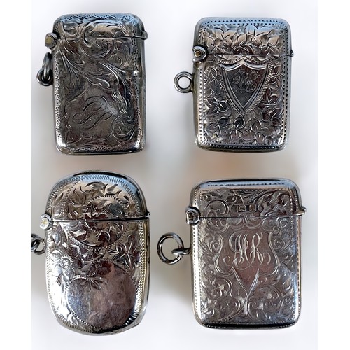 103 - Four silver vesta cases, one by Faraday & Davey, hallmarked Birmingham, 1905, two with engraved init... 