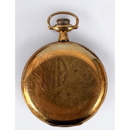 131 - A 14ct gold cased open-face pocket watch by Elgin, the white enamel dial with Arabic numerals denoti... 