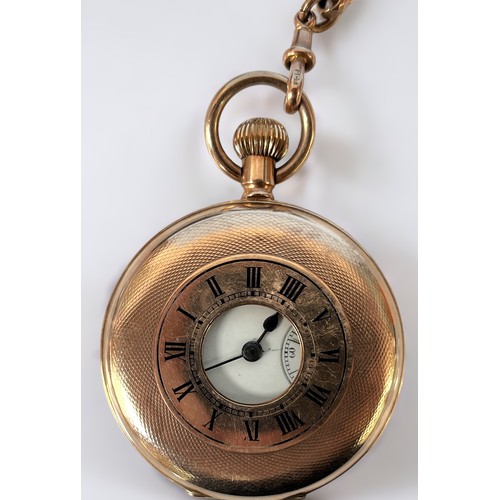 130 - A 9ct gold half-hunter pocket watch, the white enamel dial with Roman numerals denoting hours and su... 