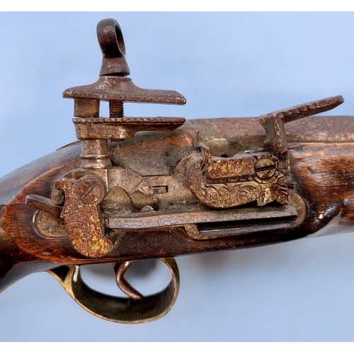 593 - A replica Miquelet military design Spanish single bore flintlock pistol, the top of the barrel marke... 