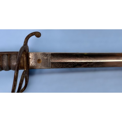 597 - An East India Company 1821 Pattern Bengal Artillery Officer's Sword, 88cm slightly curved steel blad... 