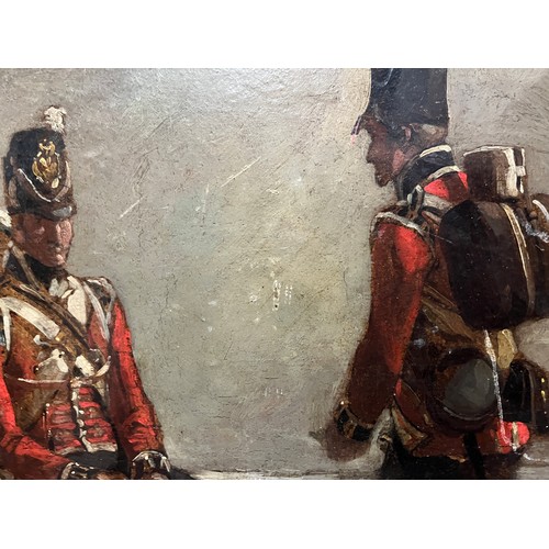 482 - 20th Century English School. British Red Coats of the Napoleonic Wars, one seated receiving news, un... 