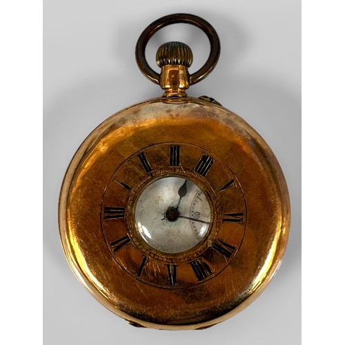 136 - A 14ct gold cased half-hunter pocket watch, the white enamel dial with Roman numerals denoting hours... 