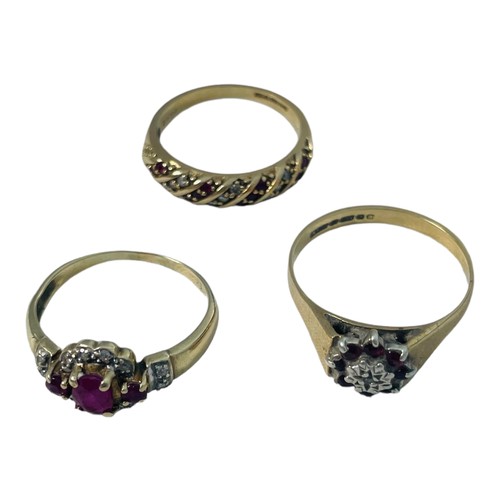 185 - Three 9ct gold dress rings, set with rubies and diamonds, total weight 6.5 grams.