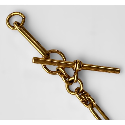 196 - An 18ct gold Figaro style Albert chain with alternating elongated links and knot links, with t-bar a... 