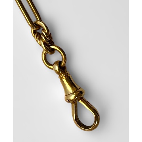 196 - An 18ct gold Figaro style Albert chain with alternating elongated links and knot links, with t-bar a... 