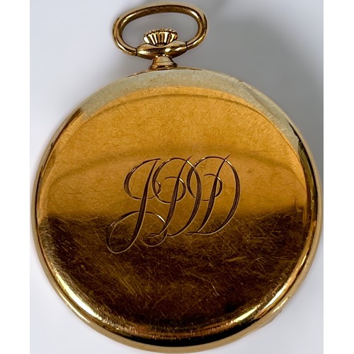 152 - A 9ct gold cased open-face Omega pocket watch, the silvered dial with applied gold batons and subsid... 