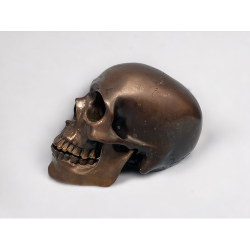 316 - A cast and patinated bronze model of a human skull, with hinged jawbone, 19x15x12cm