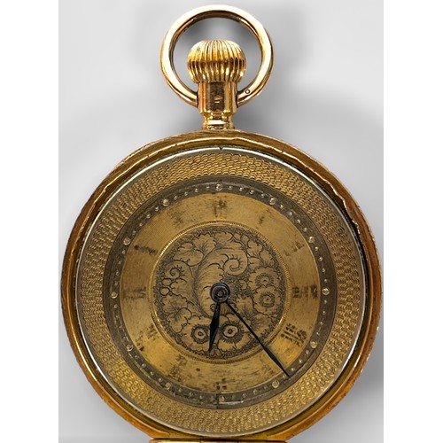 149 - An 18ct gold cased open-face fob watch, the gilt dial with Roman numerals denoting hours, blue hands... 