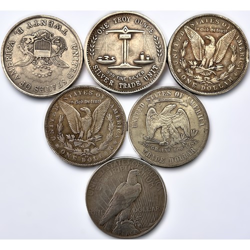 256 - A collection of USA coins, to include, 1890 Morgan Dollar, 26.8g, 1891 Morgan Dollar, 26.7g, 1878 Tr... 