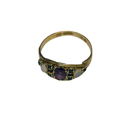 212 - A 15ct yellow gold dress ring, set with a central amethyst, with tourmaline and opals either side (S... 