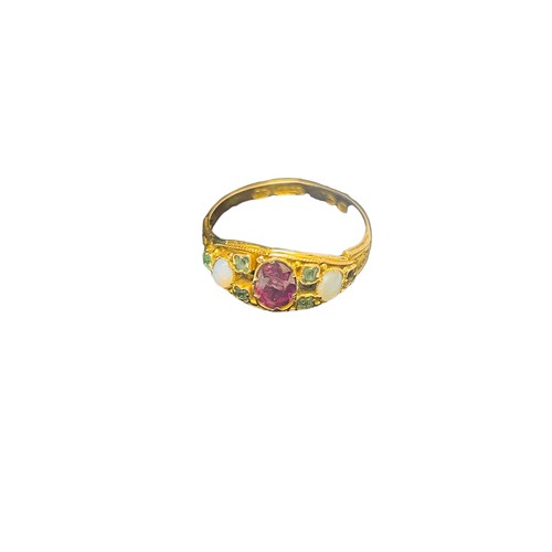 212 - A 15ct yellow gold dress ring, set with a central amethyst, with tourmaline and opals either side (S... 