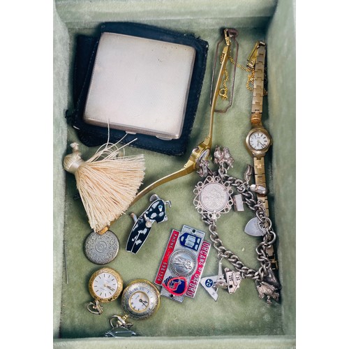 222 - Various items of jewellery in wooden jewellery box, including a silver charm bracelet, with 9 x char... 