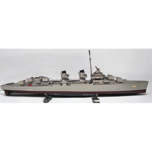 666 - Three model boats on stands, built from scale model kits and fitted with motors, comprising a 1:192 ... 