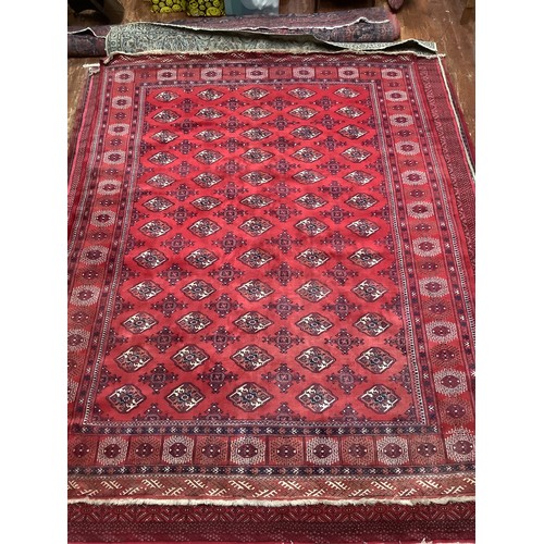 409 - A hand-knotted wool Bokhara carpet, typically worked with stylised guls to a red ground within a bor... 