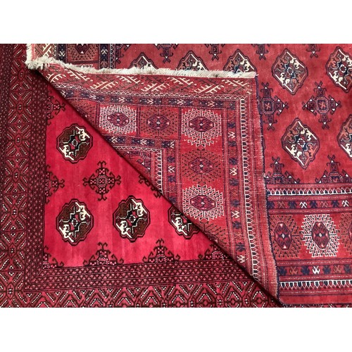 409 - A hand-knotted wool Bokhara carpet, typically worked with stylised guls to a red ground within a bor... 