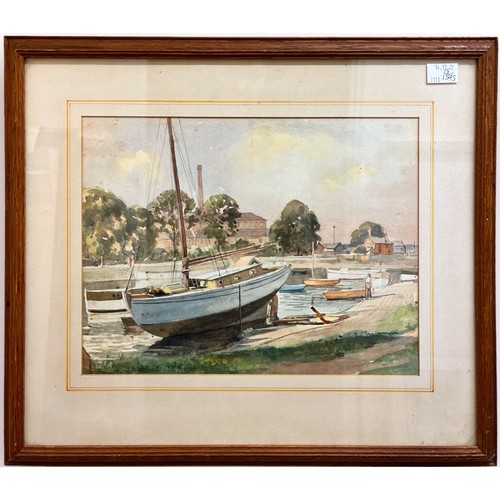 494 - Edwin Hunter (20th century), Figures mending nets amidst boats, unsigned, watercolour on paper, 24x2... 