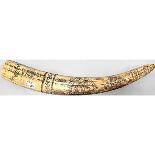 622 - A facsimile Narwhal tusk realistically modelled in resin, together with a simulated large Scrimshaw ... 