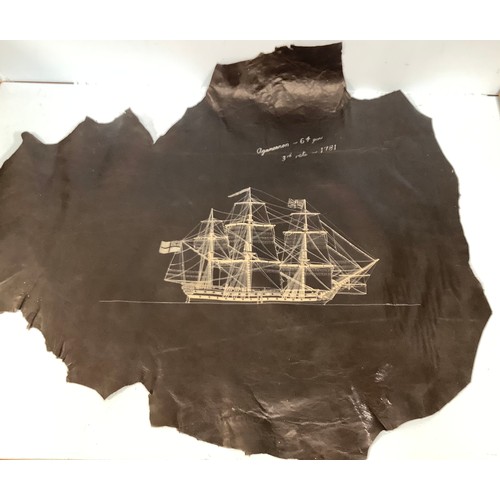 676 - A white paint drawing of H.M.S. Agamemnon, 64-gun third-rate launched in 1781, on a black leather ca... 