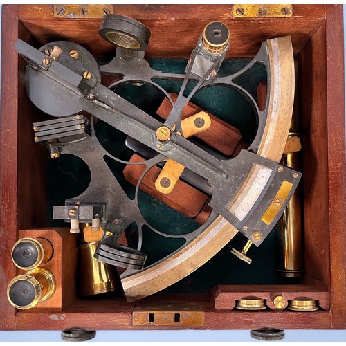 670 - A cased Class A No. 5907 sextant, in mahogany box, black lacquer body with brass arc and additional ... 