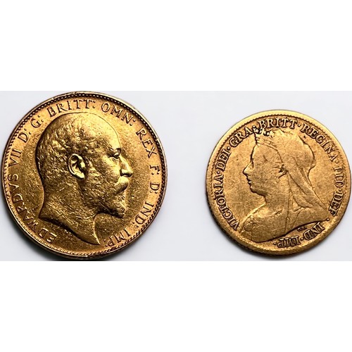 251 - An Edward VII full sovereign, 1904, and a Queen Victoria half sovereign, 1898, (2)