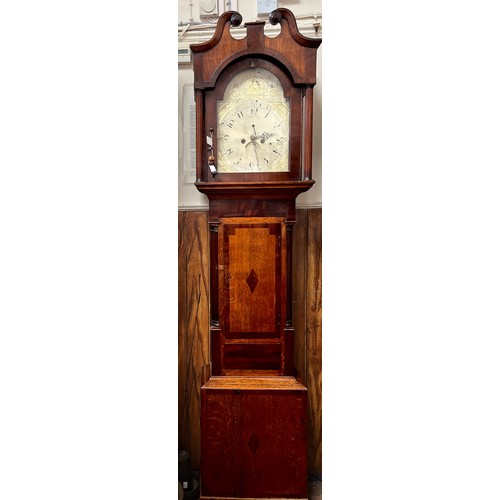 379 - An early 19th Century eight-day long case clock, with eight-day movement striking a bell, painted sq... 