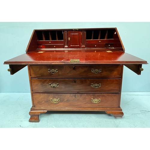 427 - A George III bureau, the fall front enclosing a fitted interior with pigeonholes, central door flank... 