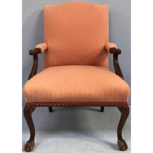 403 - Three various pink upholstered Edwardian chairs, comprising a deep-button back nursing chair, an arm... 