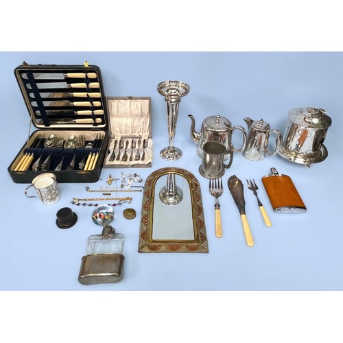 109 - A large collection of silver-plated and some silver items, including two silver rings, one set with ... 