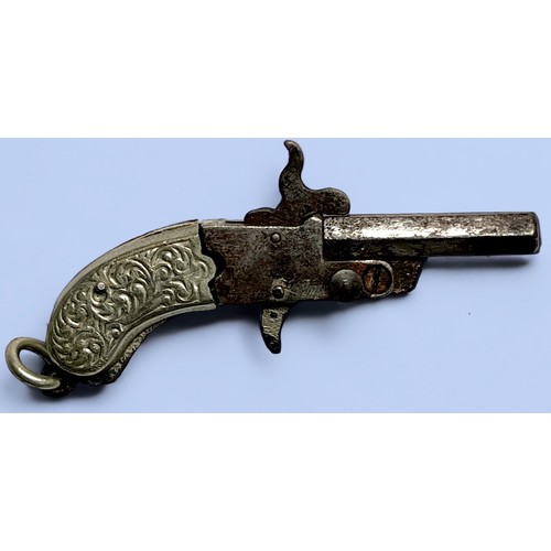 537 - A miniature pinfire pistol, with 18mm hexagonal breach-loading barrel, two-piece pistol grips decort... 