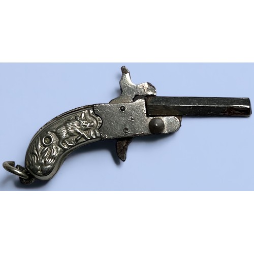 539 - A miniature pinfire pistol, with 20mm hexagonal breach-loading barrel, two-piece pistol grips decora... 