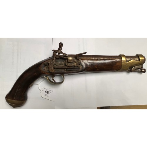 593 - A replica Miquelet military design Spanish single bore flintlock pistol, the top of the barrel marke... 