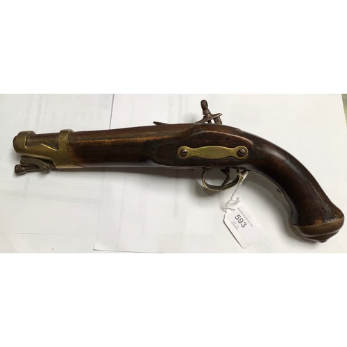 593 - A replica Miquelet military design Spanish single bore flintlock pistol, the top of the barrel marke... 