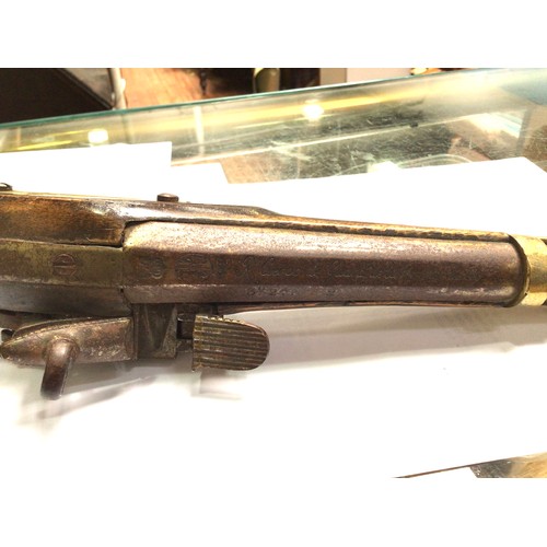 593 - A replica Miquelet military design Spanish single bore flintlock pistol, the top of the barrel marke... 