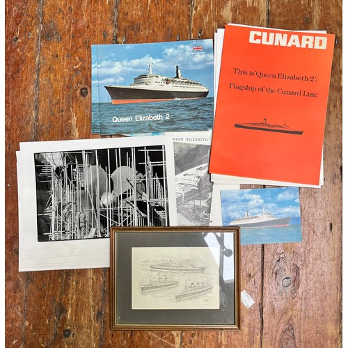 693 - A large collection of Cunard memorabilia and ephemera, comprising, large monochrome photographs of Q... 