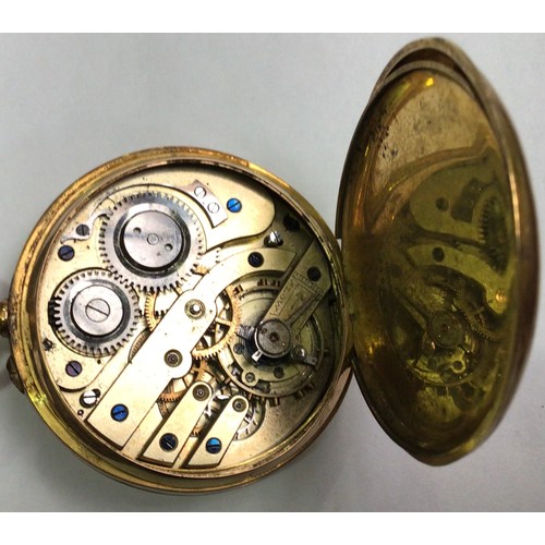 136 - A 14ct gold cased half-hunter pocket watch, the white enamel dial with Roman numerals denoting hours... 