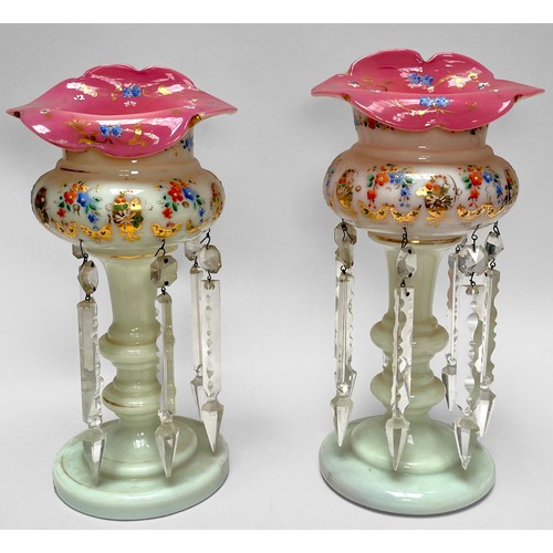 9 - A pair of 19th century Bohemian opaque white glass lustre vases with pink cased glass  shaped rims, ... 