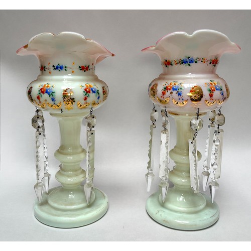 9 - A pair of 19th century Bohemian opaque white glass lustre vases with pink cased glass  shaped rims, ... 