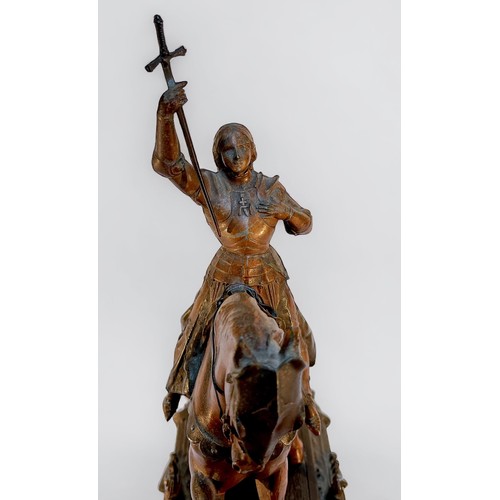 276 - A painted and patinated cast spelter figure of Joan of Arc on horse and gothic style platform base, ... 