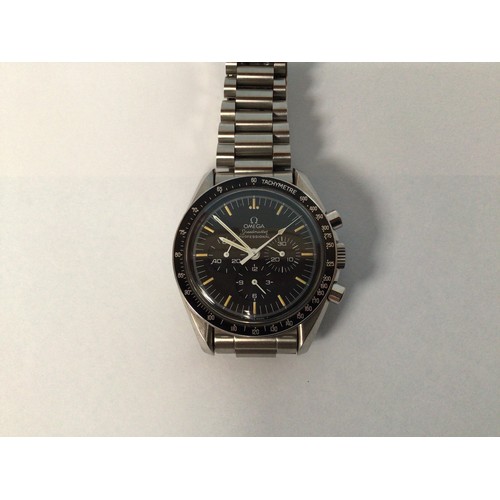 94 - A gents stainless steel Omega Speedmaster Professional wristwatch, C.1985, the black enamel dial wit... 